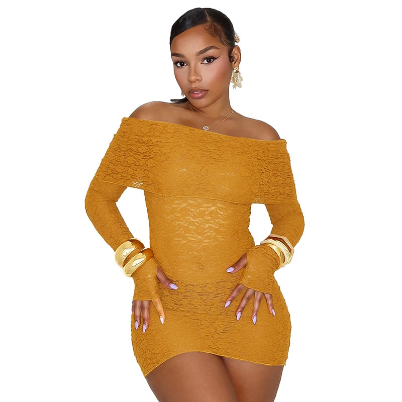 Off Shoulder Slah Neck Long Sleeve Meh Dress Hollow Out Wrap Dress