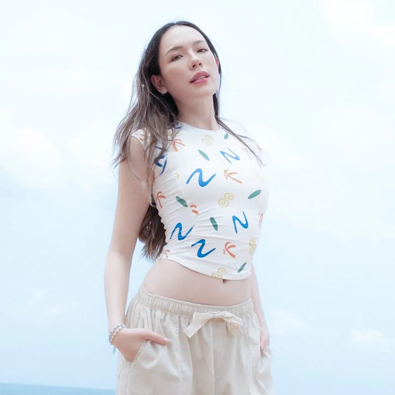 Colorful Printed Half High Neck Slim Short Sleeveless Top Fresh heart