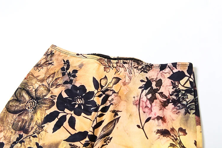 Foliage Print 2 Piece Set Halter Backless Camisole Back Split Maxi Skirts Matching