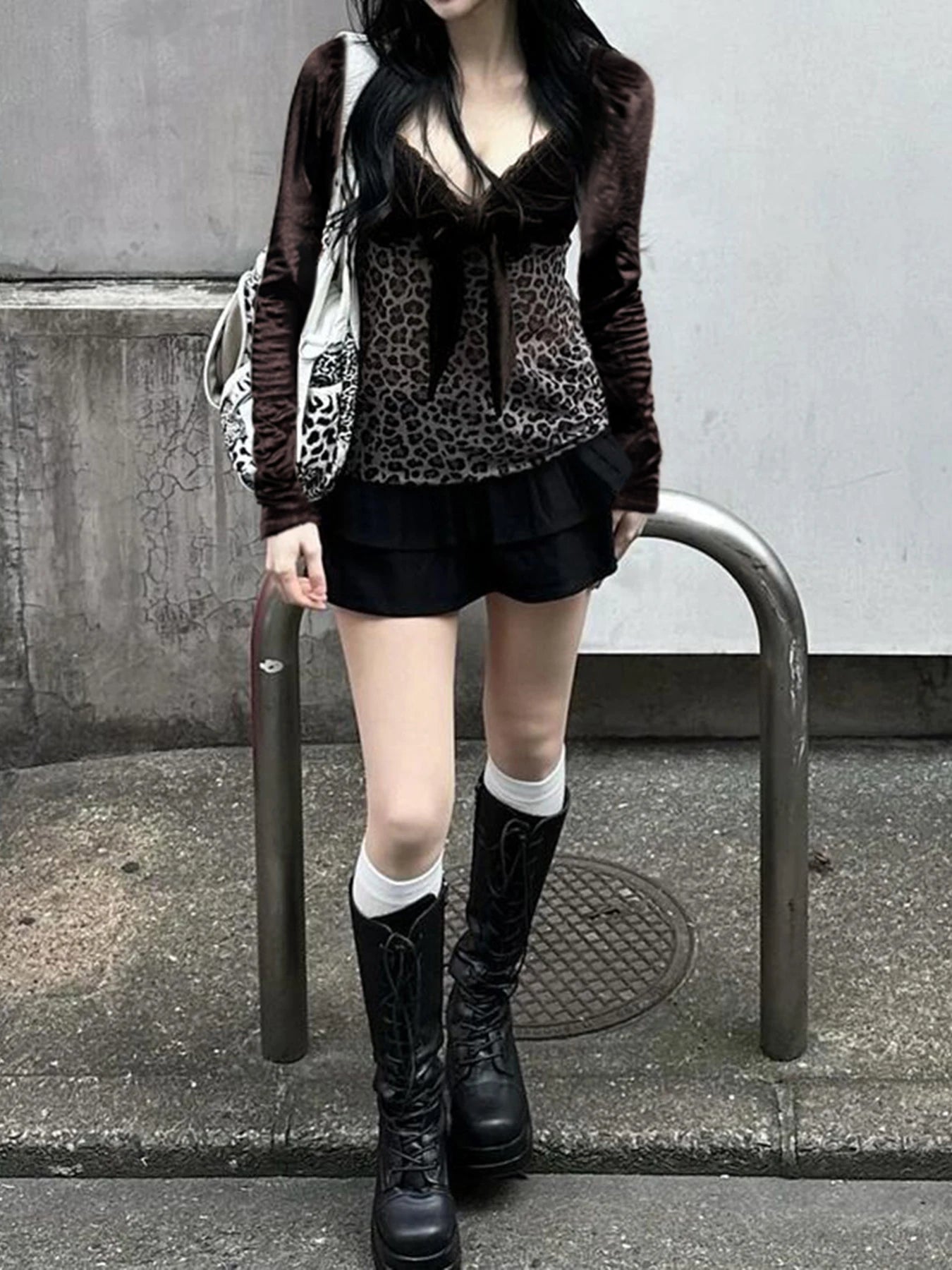 Lace Patchwork Leopard print T-shirts Lace-up Long Sleeves Strap Retro Top