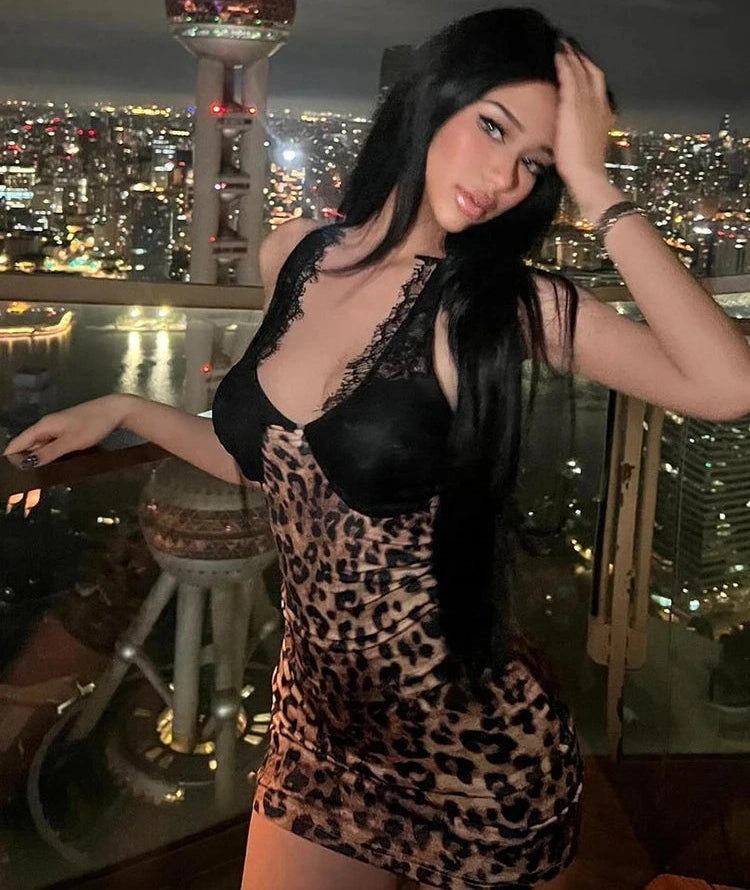 Backless Dress Leopard Print Patchwork Lace Halter Bodycon