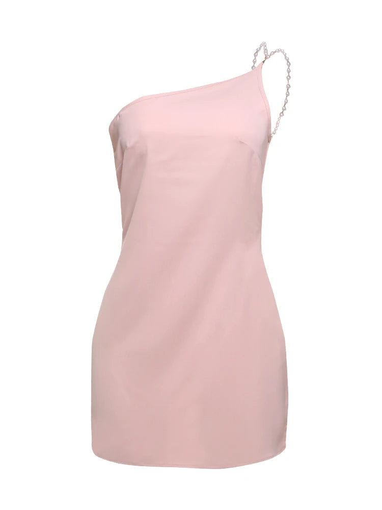 Pink Backless Mini Bodycon Dress with Pearl Chain Details