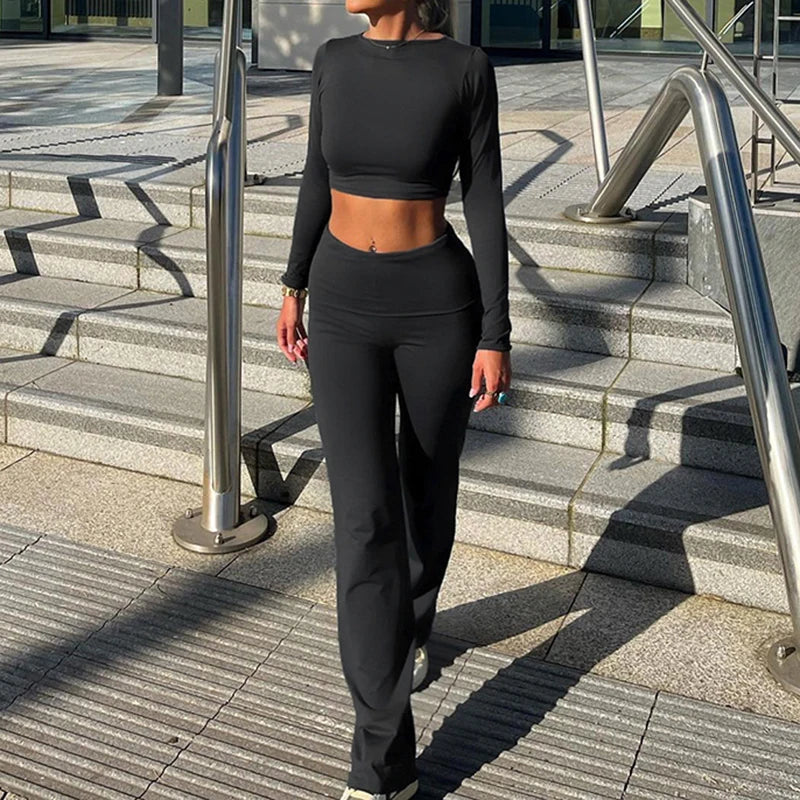 Crewneck Yoga Top Full Length Pants Suits Slim Long Sleeves