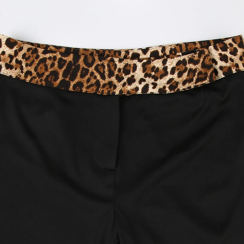 Leopard Print Patchwork Flare Pants Low Waisted 's Bottoms Retro Trousers