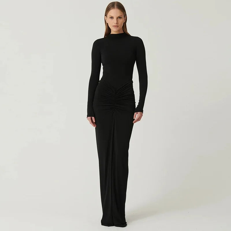 Pleated Patchwork Long Dress High Waist Long Sleeve Solid Slim Dress Maxi Dress