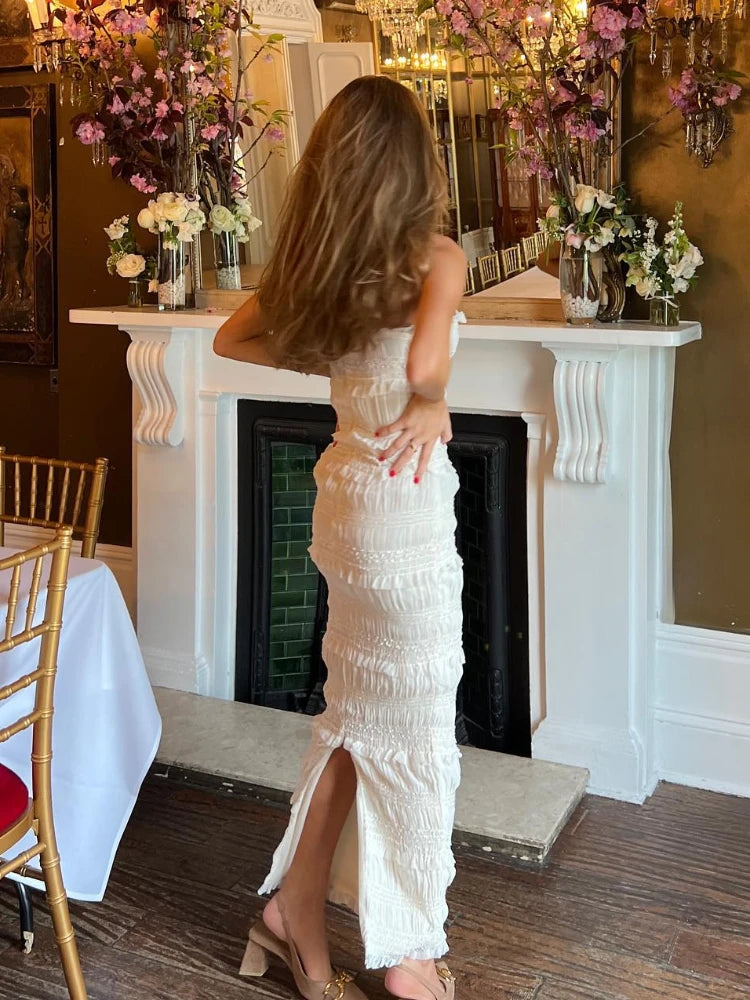Maxi Spaghettt Strap Wed Bride Dress Formal Occasion Beige Slim Even Dress