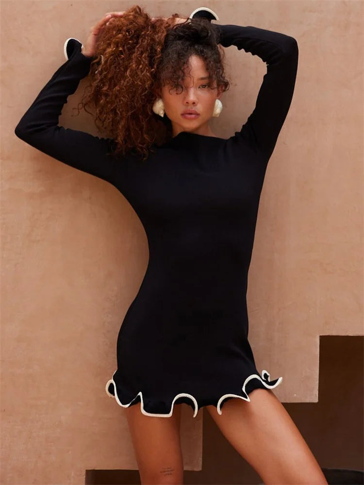 Knit Mini Dress Ruffled High Waist Slim Dress Patchwork Knit Sweater Dress