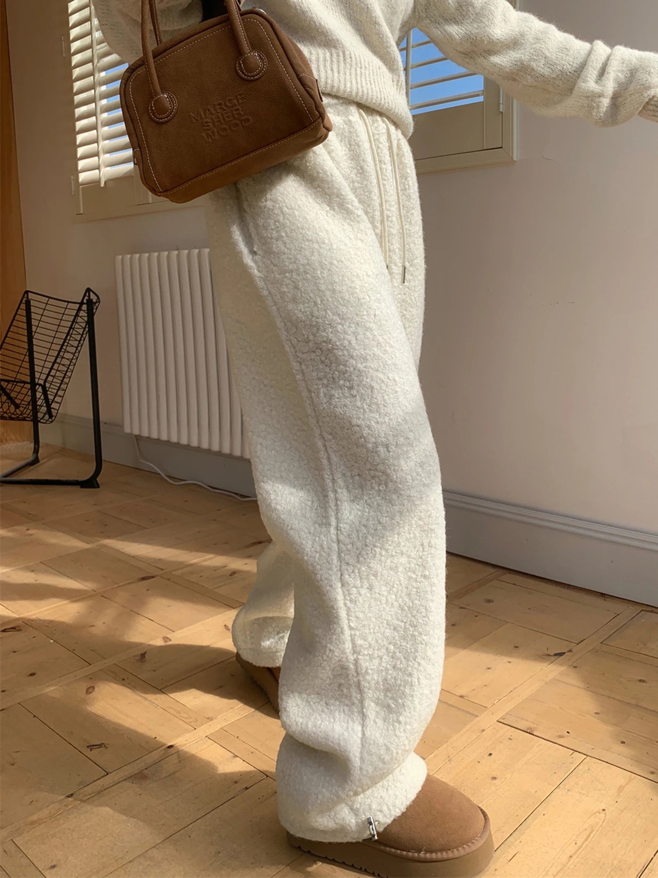 Loose Lamb Wool Trousers Drawstring Wide Leg Pants Pockets Bottoms