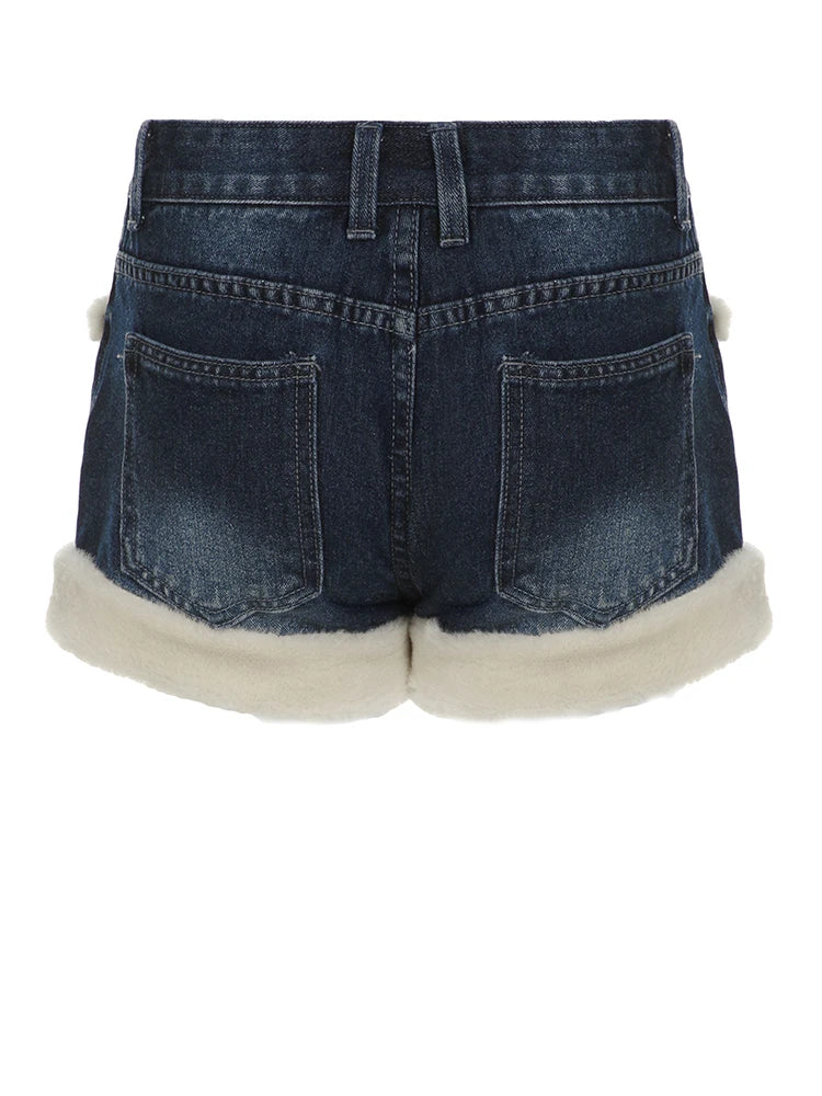 Fur Patchwork Denim Shorts Low Waisted Bottoms Cotton Pants
