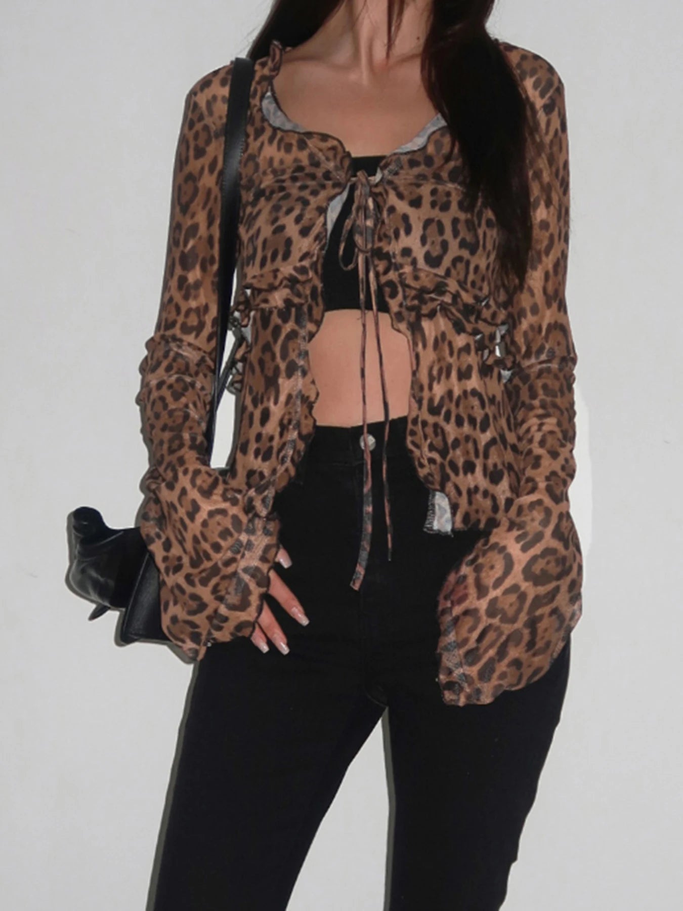 Leopard Meh Ruch Tee Shirt Lace-up Long Sleeve Brown
