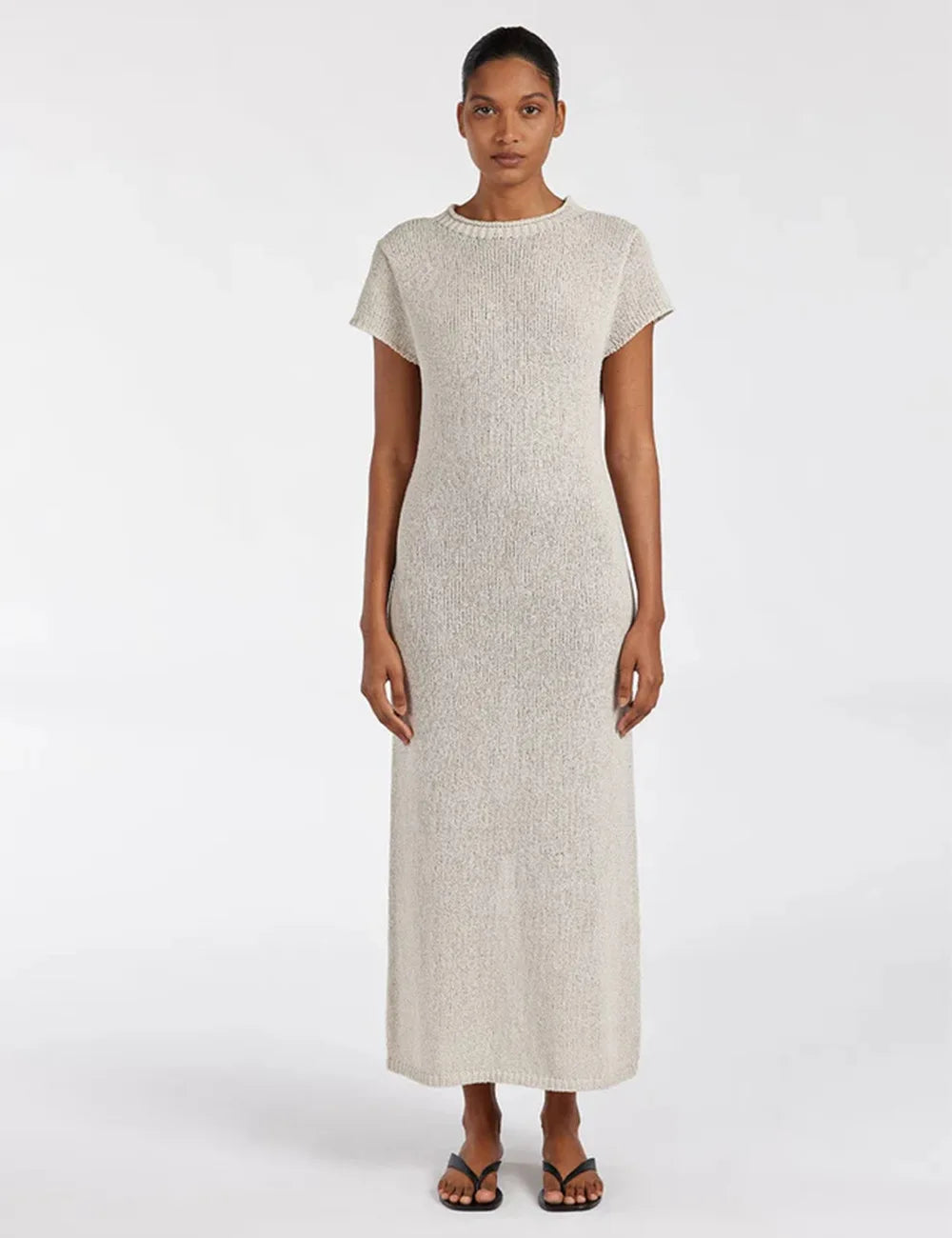 Maxi Knit Dress Solid Short Sleeve A-line Round Collar Sweater Dress