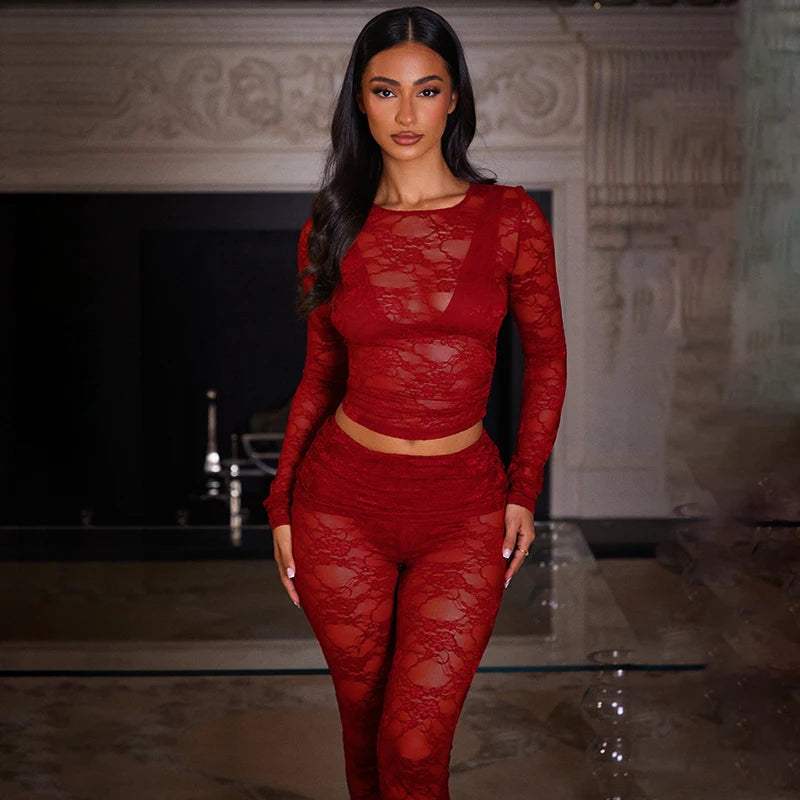 Patchwork Lace See-Through Two-Piece Set Lace Patchwork Long-Sleev Top Slim Pant Set