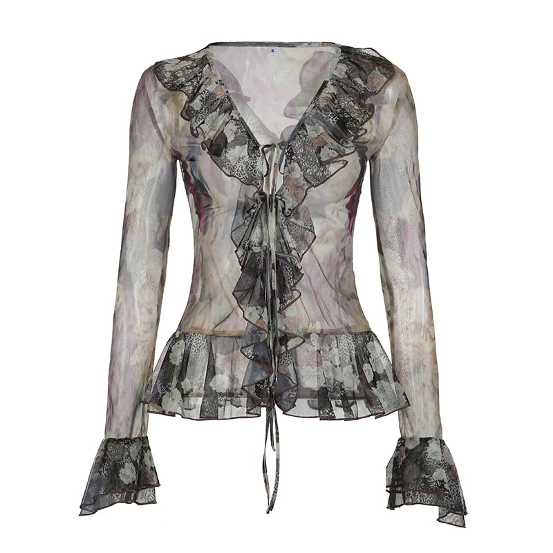 Tie Dye Shirt Ruffle Flare Sleeve Lace-up Retro See-through
