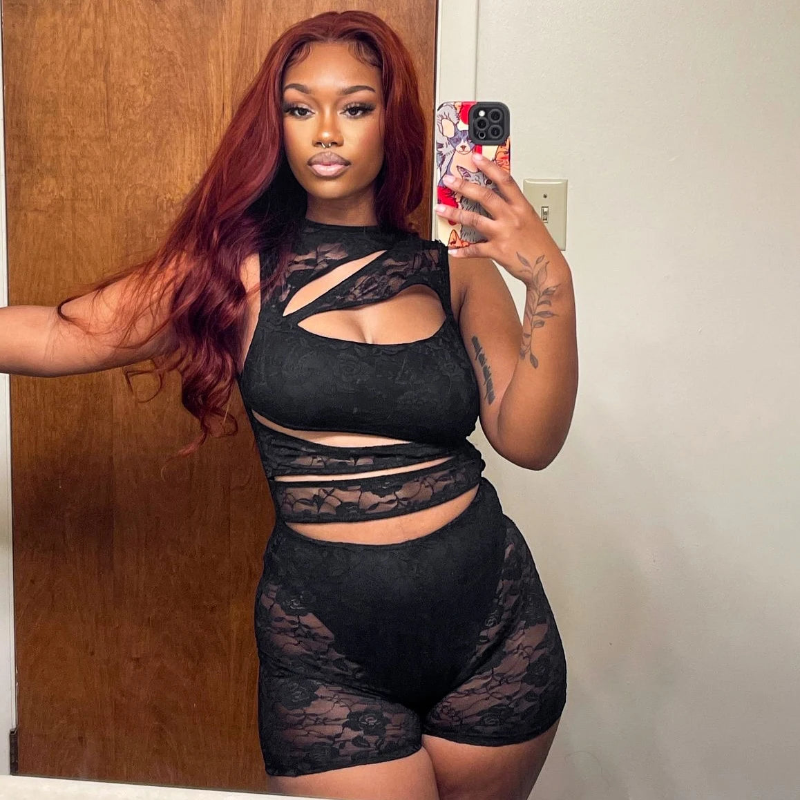 'S Lace Patchwork Playsuits Hollow Out See-Through Round Neck Sleeveless Zipper Tight Playsuits