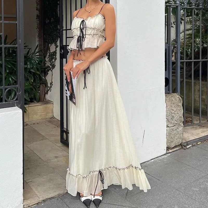 White Mesh See-Through Top and Maxi Skirt Set