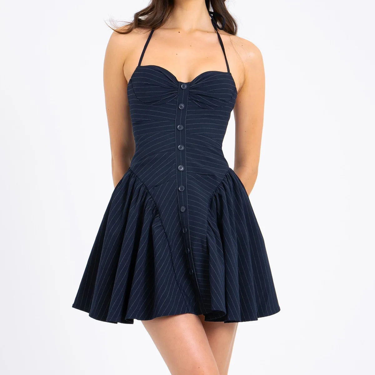 Pure Desire Striped Hanging Neck, Waist, and Bareback Dress for Niche High End Dress