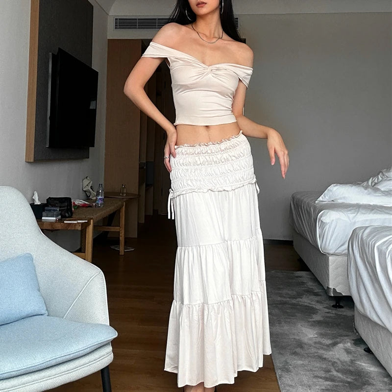 Knit Twist T-Shirt With Slim Ruffle Cake Skirt French Two Piece Set