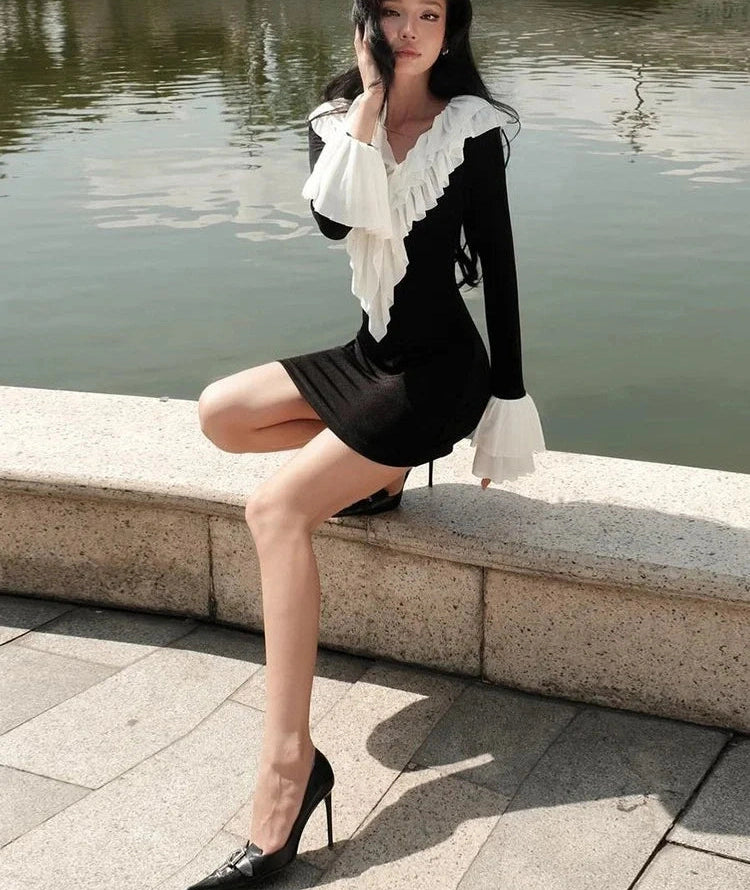Dress Patchwork v-Neck Tierred Full Sleeve Skinny Mini Bodycon