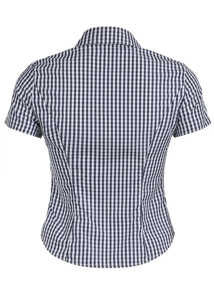 American Retro Short Sleeve Plaid Shirts Button Up Turn Down Collar Preppy Tops