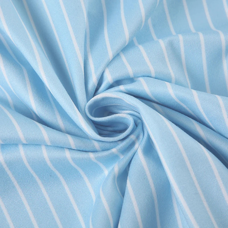 Blue Stripe Short Sleeve Shirts Button Up Turn Down Collar Slim Preppy Tops Basic Tees