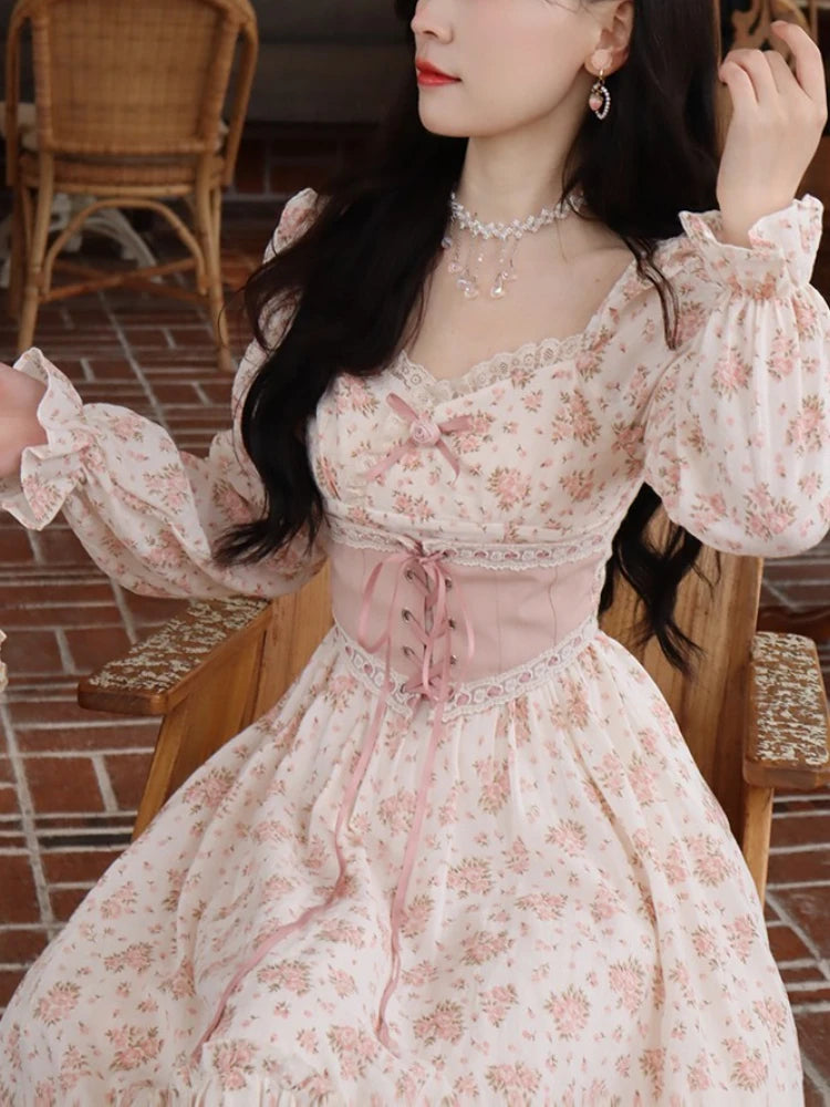 Spring Pink Floral Dress Bandage Lace Print Dress Puff Sleeve Kawaii Dress Princess Fairy