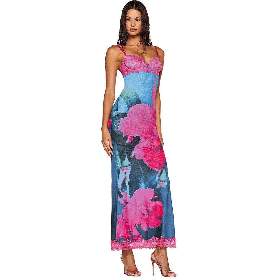 Lace Chest Wrap Maxi Dress Colorful Flowers Sleeveless Skinny Fit Slim