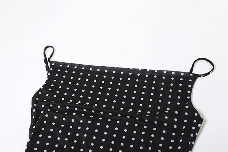 Polka Dot Print Dress Mesh Double Deck Backless V-Neck Street Skinny