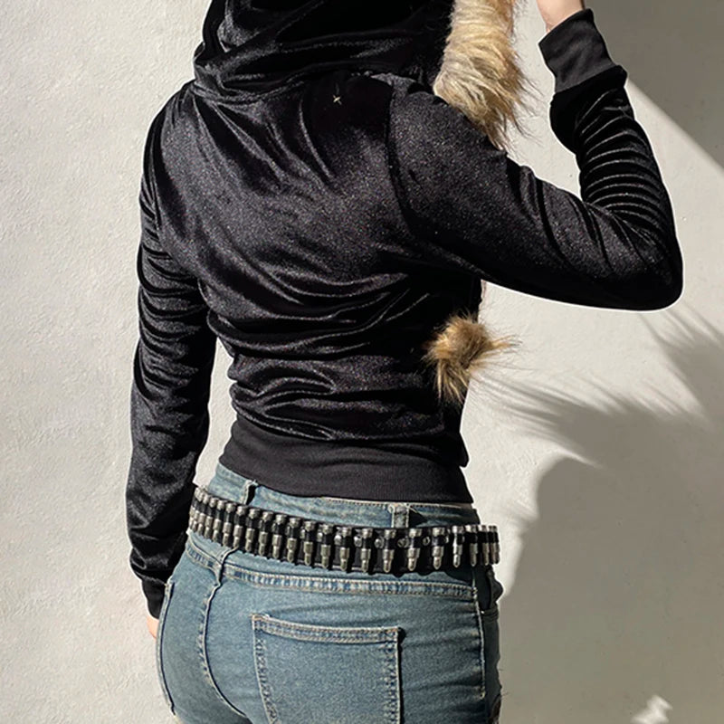 Zip Up Fur Neck Hoodie Coats 's Jackets Front Pockets