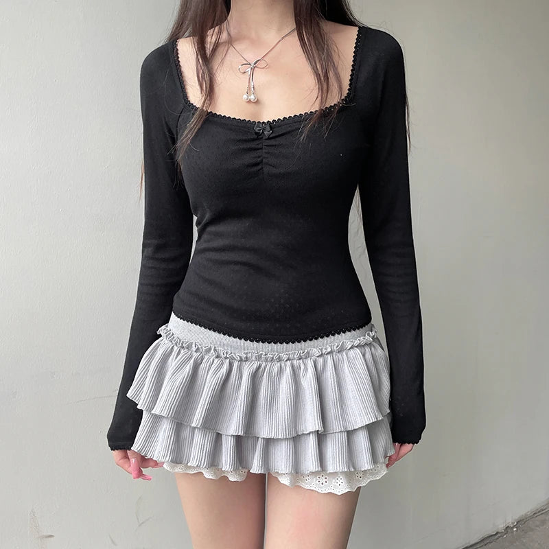 Square Collar Slim Folds Tee Shirts Long Sleeves s Lace Knitted Bow 's Top