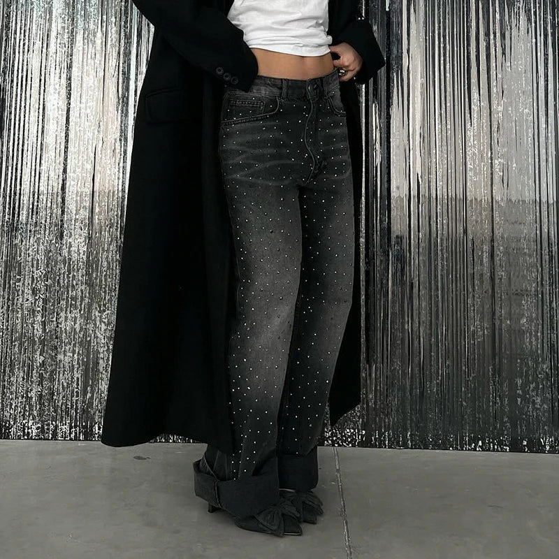 Rhinestone Loose Jeans Low Waisted Pockets Zipper Pants Bottoms