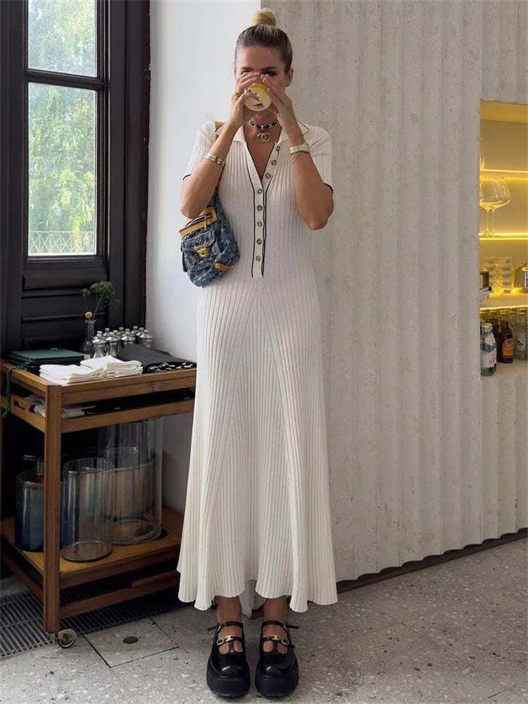 White Knit Maxi Dress Short Sleeve Patchwork Dress Lapel High Waist Knit Dress