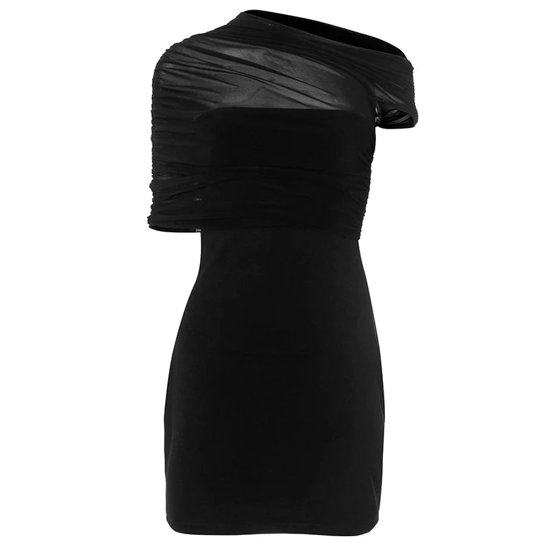 'S Spring And Color Sleeveless Slant Collar Single Shoulder Mesh Patchwork See-Through Dress