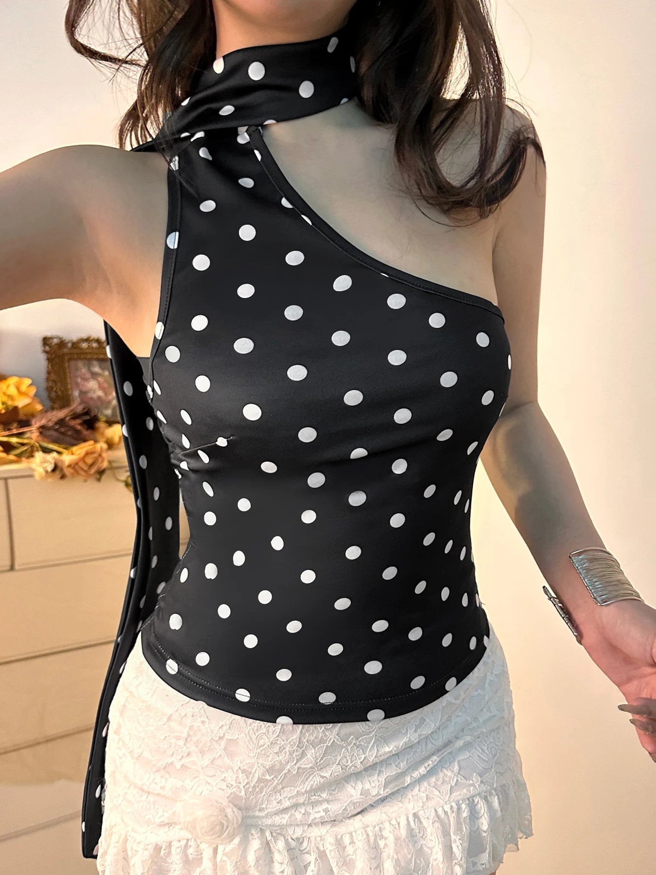 One shourlder Polka Dot Top Slim Backless Top