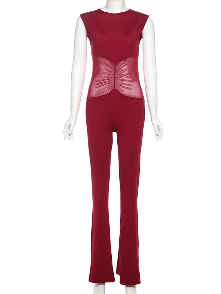 Claic Patchwork Jumpuit Meh See Through Shirring O-neck Back Zip-up Flare all Concie