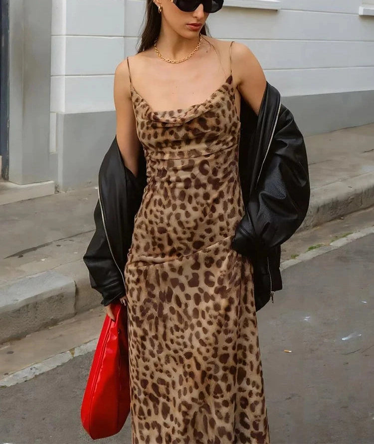 Leopard Dress Swing Collar Spaghetti Straps Backless Ruffles