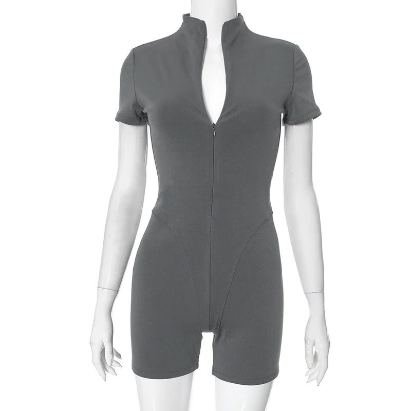 Half- Neck Tight Zipper Short Sleeve Playuit Sporty