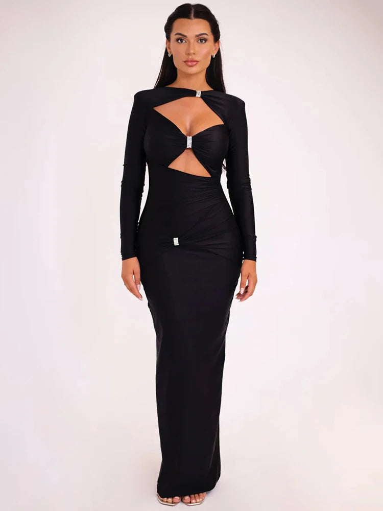 Hollow Out Long Sleeve Maxi Dress Solid Color Slim Fit Cut Out Long Dress