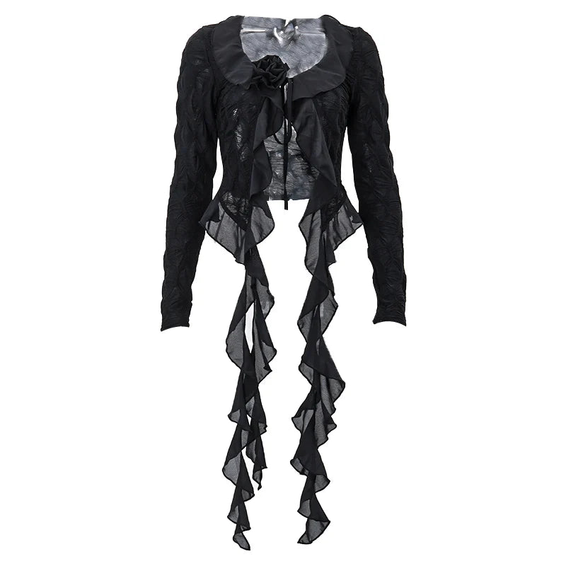 Mesh Ruched Long Sleeve T Shirt V-neck Flower Tight Crop Top Tees