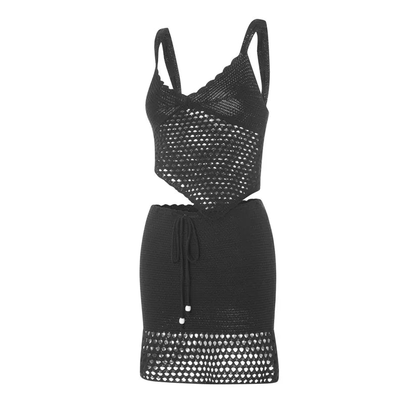 2 Piece Mini Skirt Set Off Shoulder Hollow Out Tube Top Bodycon Skirt Crochet Knit Short Skirt