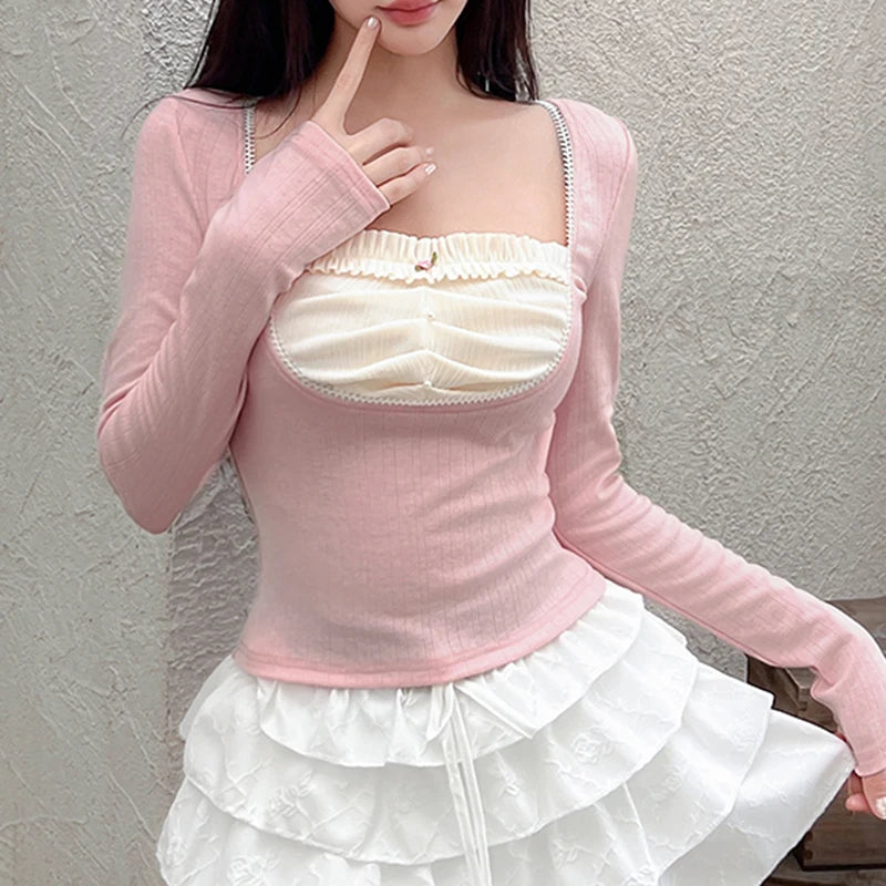 Square Collar Pink Tee Shirts Long Sleeves Kawaii Crop Top Preppy