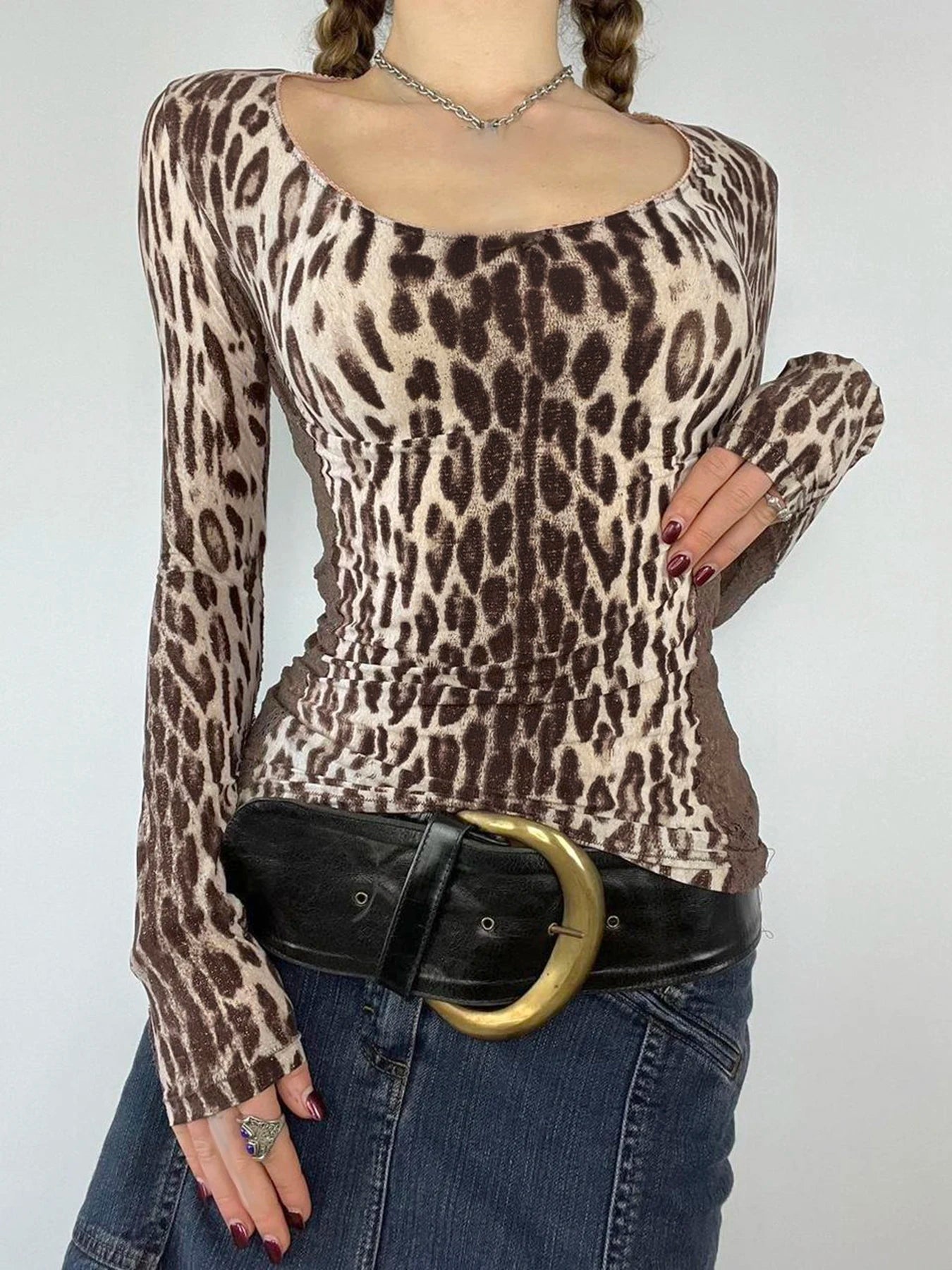 Leopard Print 's Top Tee Lace Patchwork Brown Slim Shirts Long Sleeves Crewneck