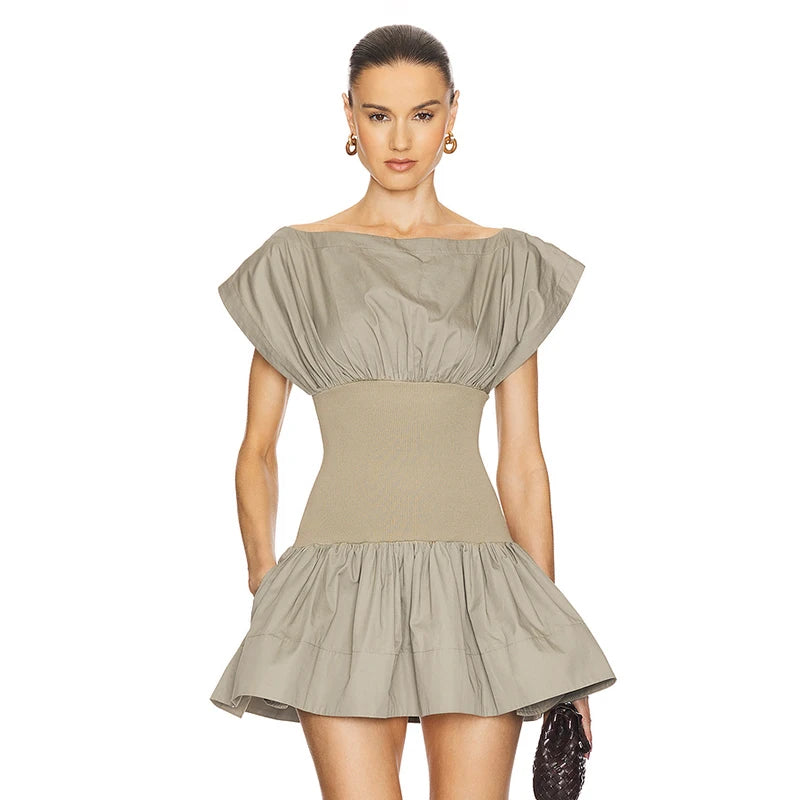 One-Piece Neck Fly Sleeve Shrunken Pleat Pullover Ruffle Wait Cinching Dress