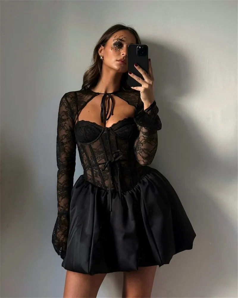 Black Lace Puffball Mini Dress Lace-up Sheer Long Flare Sleeve High Waist Dress