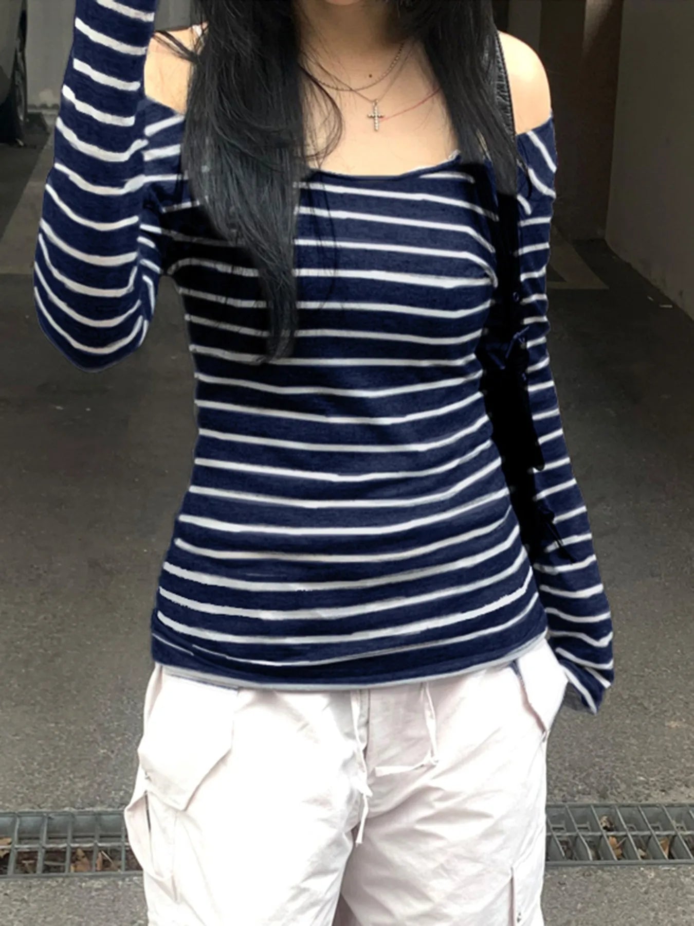 Strip Long Sleeve Tee Shirt Crewneck Slim