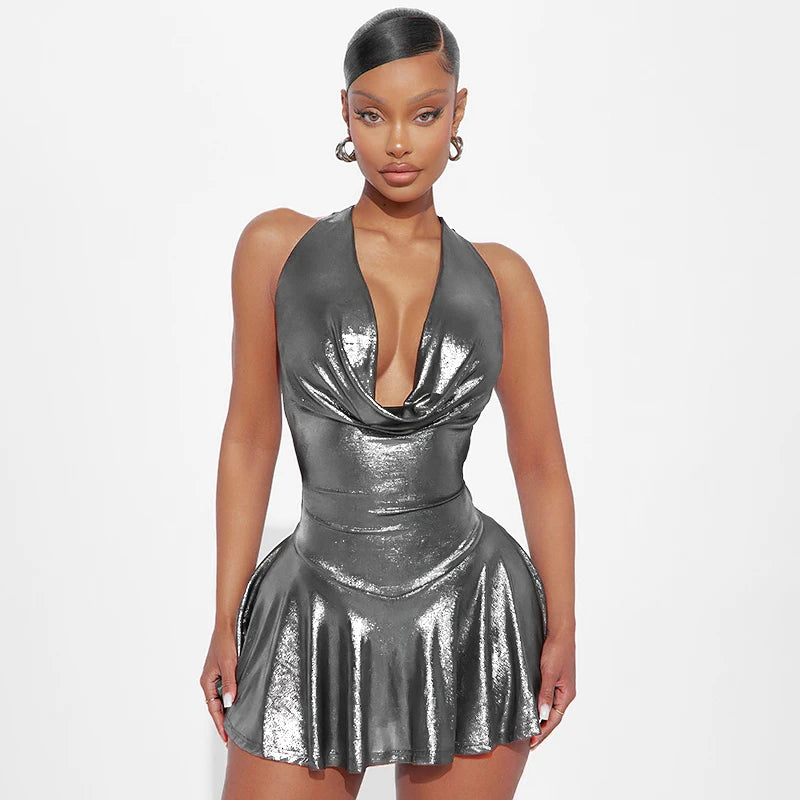 Metallic V Neck Backless Strap Mini Dress