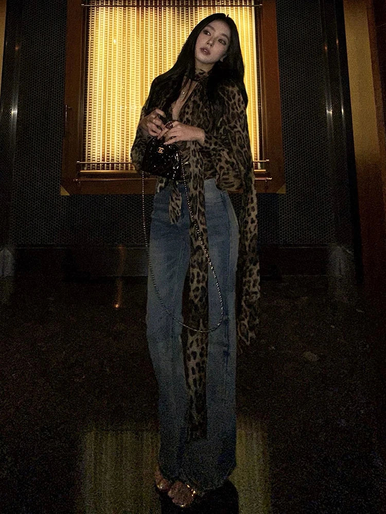Leopard Chiffon Halter Long Sleeve Shirt