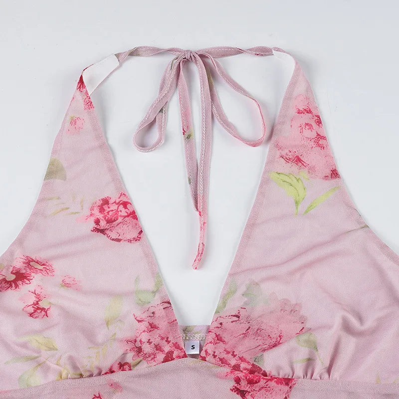 Pink Floral See Through Mesh Ruffled V-Neck Backless Top