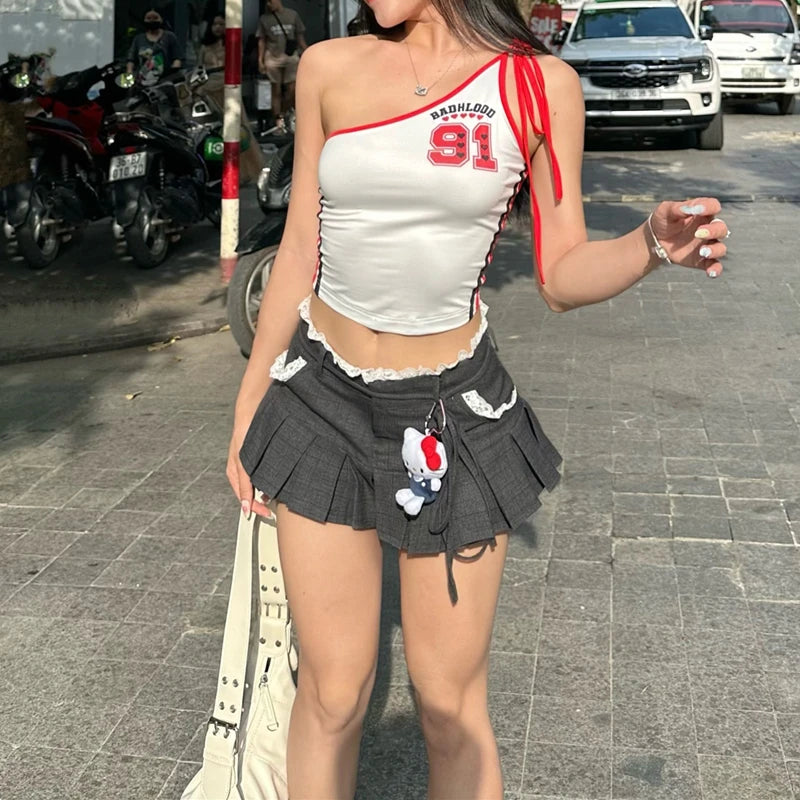 Gray Lace Up Pleated Mini Skirt