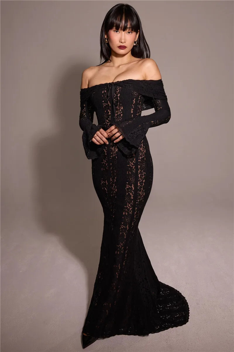 Lace Off-shoulder Maxi Dress Strapless Backless Long Sleeve Bodycon Evening Long Dress