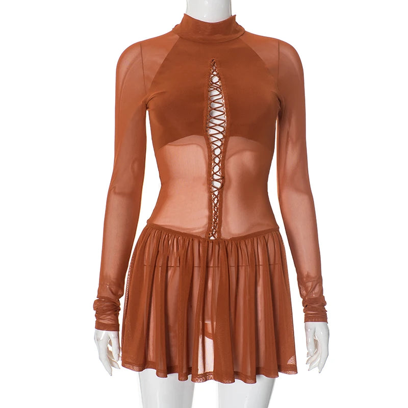 See-Through Hollow Out Meh Patchwork Round Neck Pullover Lace-Up Long-Sleev Hip Mini-Dress